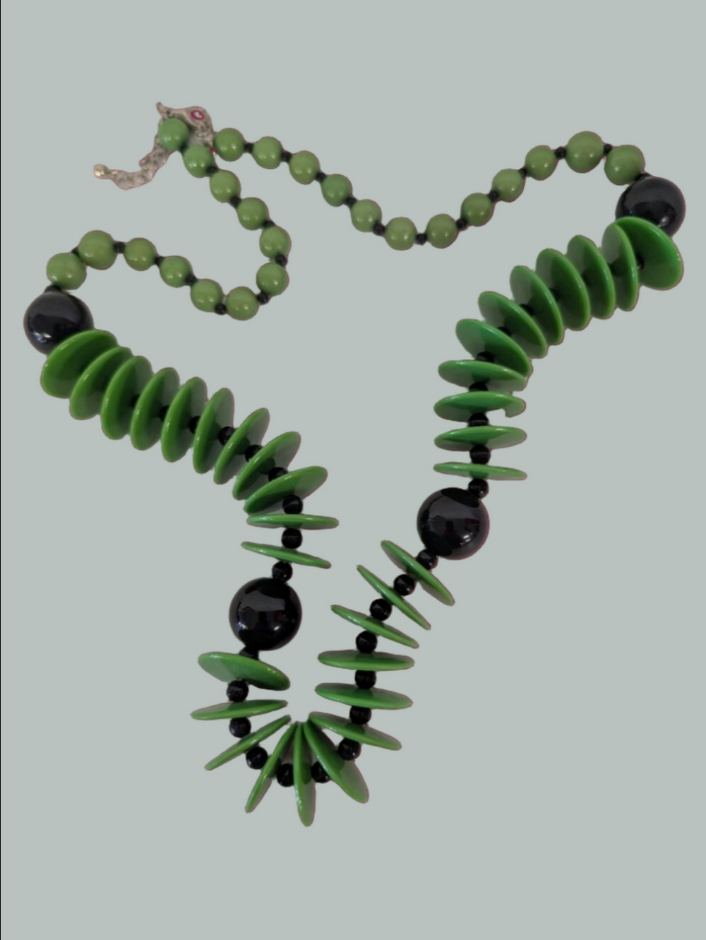 VINTAGE Necklace DISC Green Black Plastic Statement Beaded  1980s Jewelry